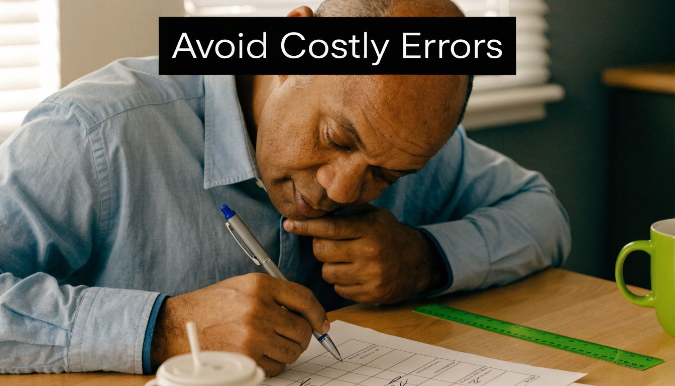 A man carefully working on a legal worksheet at a desk with a pen and green ruler.