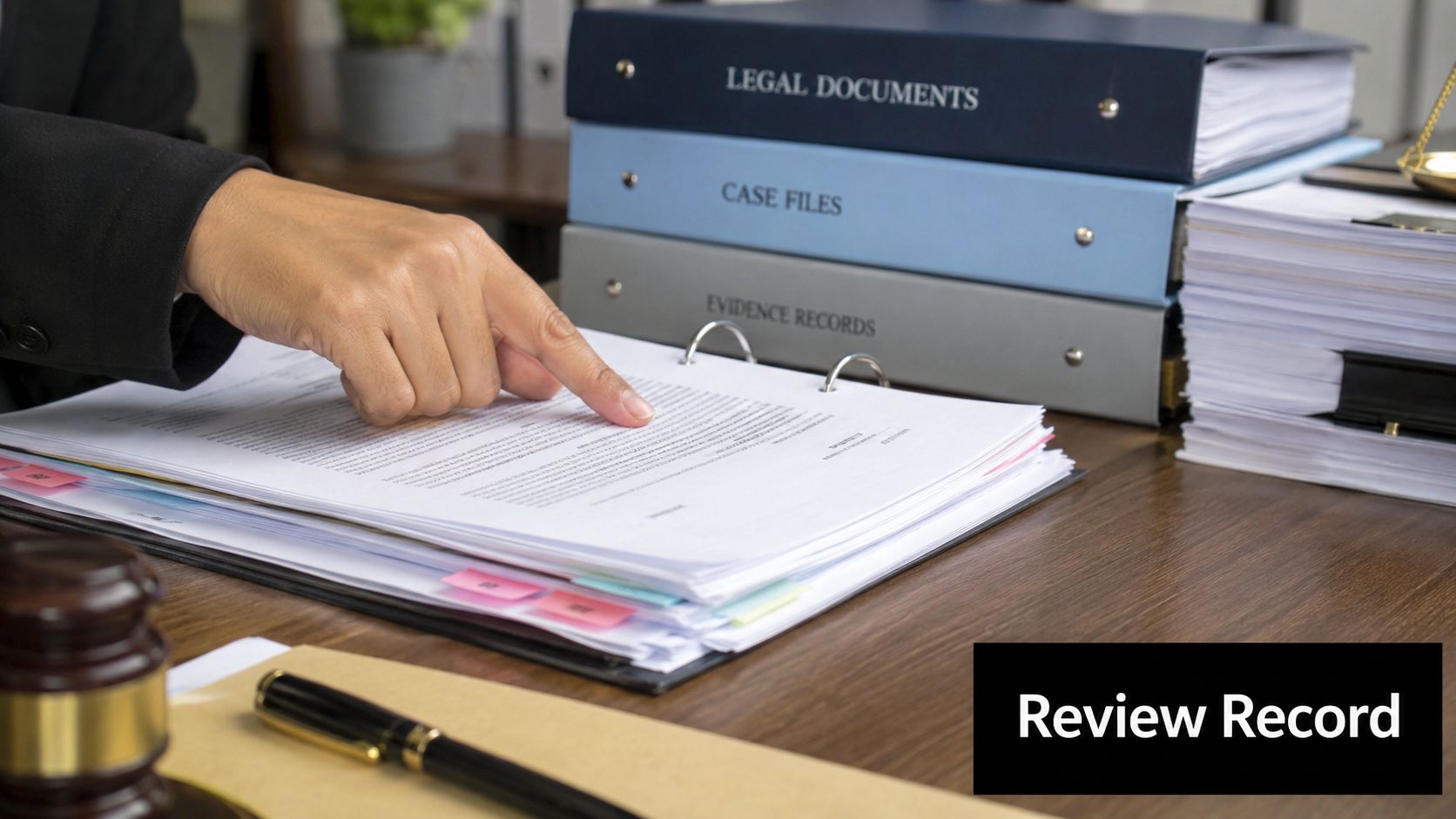 A legal professional reviewing documents with a gavel and organized case files on their desk.