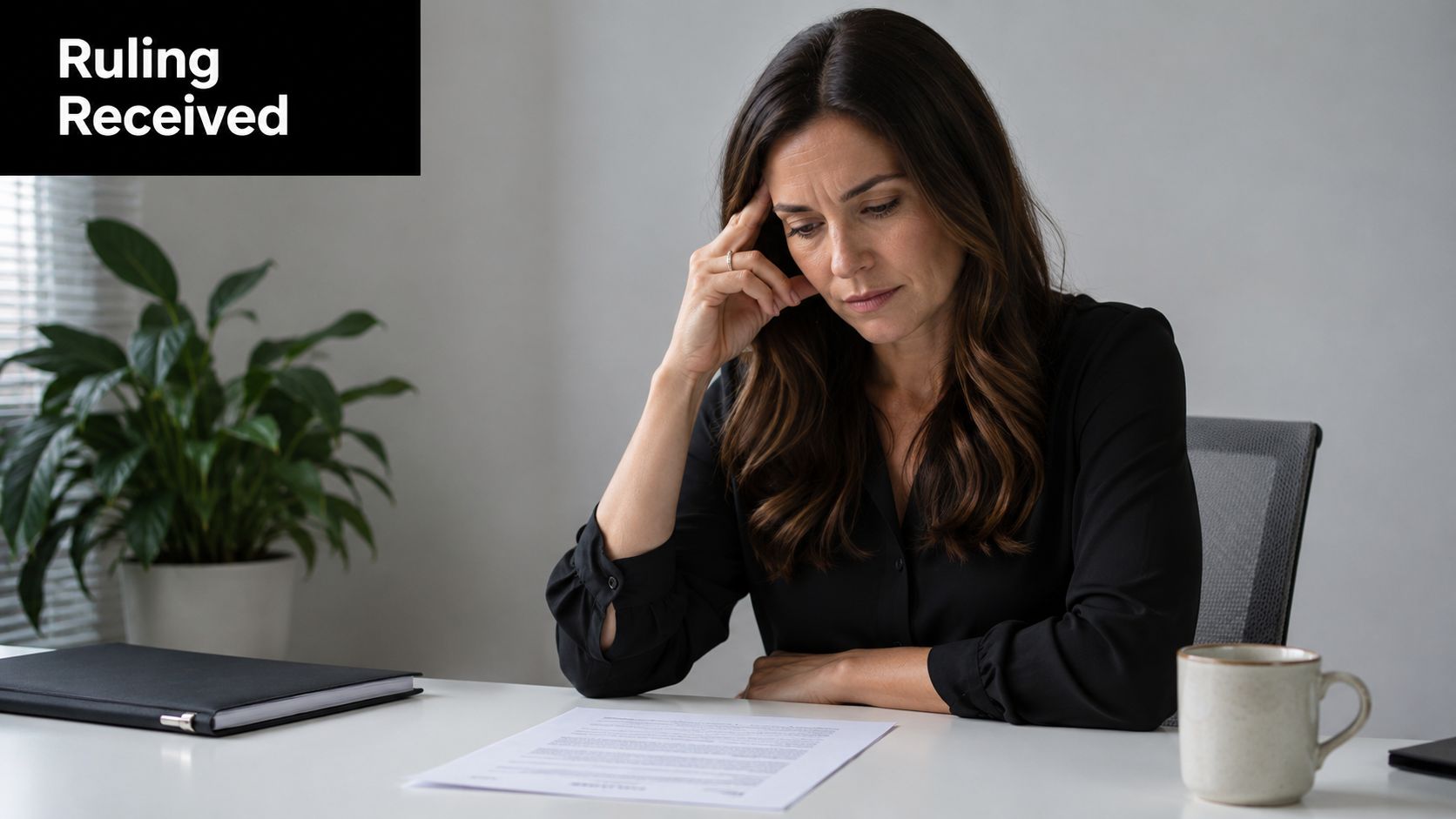 A concerned woman sitting at a desk reviewing a legal document, appearing troubled and thoughtful.