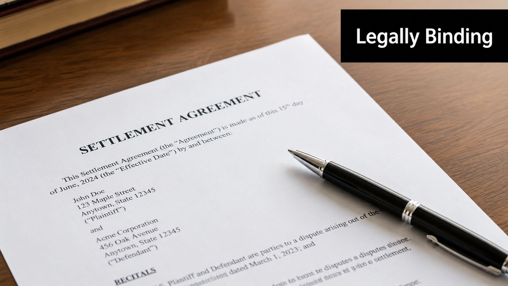 A printed settlement agreement document on a wooden desk with a black ink pen nearby.