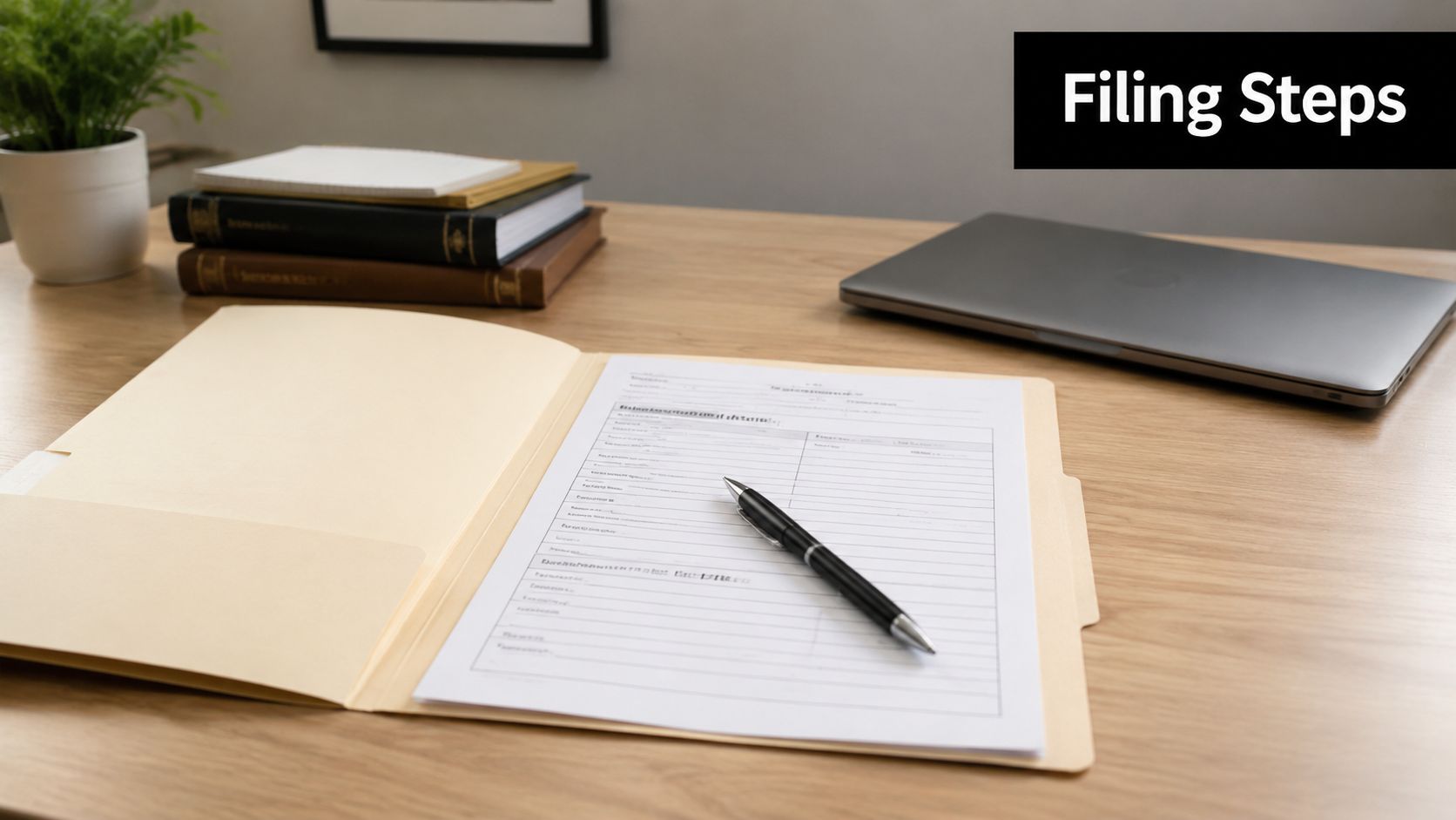 A document in a folder on a desk with a pen, laptop, and books nearby.