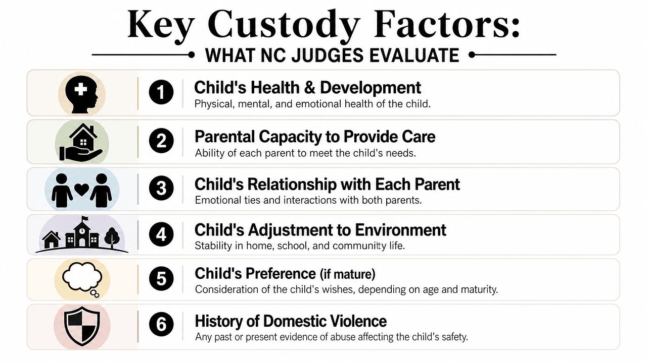 A list of six key factors North Carolina judges evaluate when making child custody determinations.