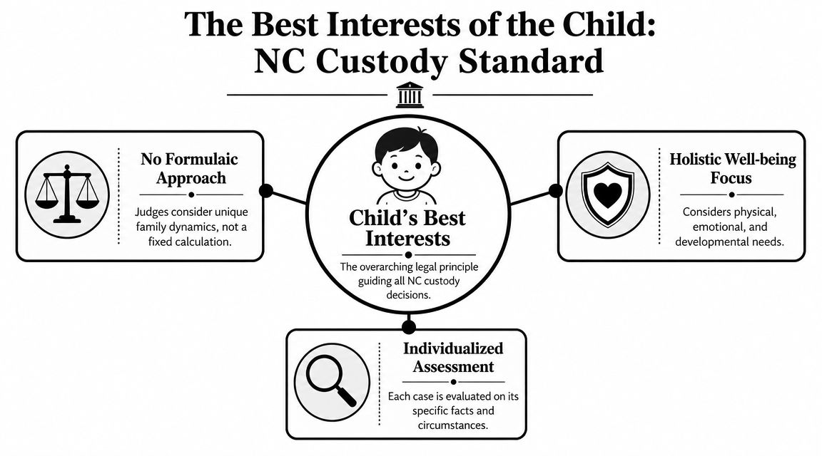 An infographic titled The Best Interests of the Child explaining the NC custody standard for family courts.