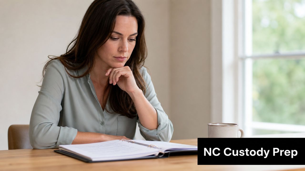 A focused woman reviewing legal documents at a wooden table while preparing for custody proceedings.