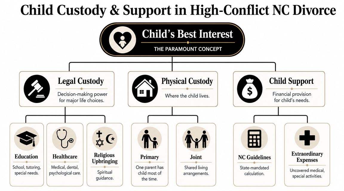 An infographic titled Child Custody and Support in High Conflict NC Divorce focusing on the best interests of children.