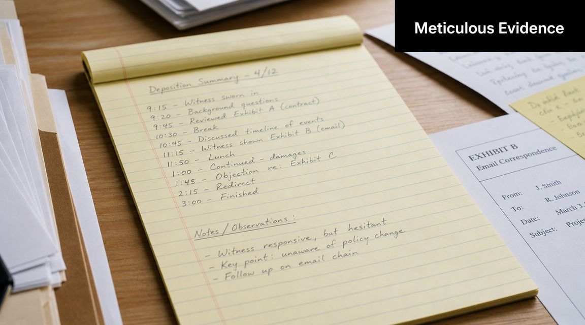 A yellow legal pad shows a written deposition summary with a timeline and case notes.
