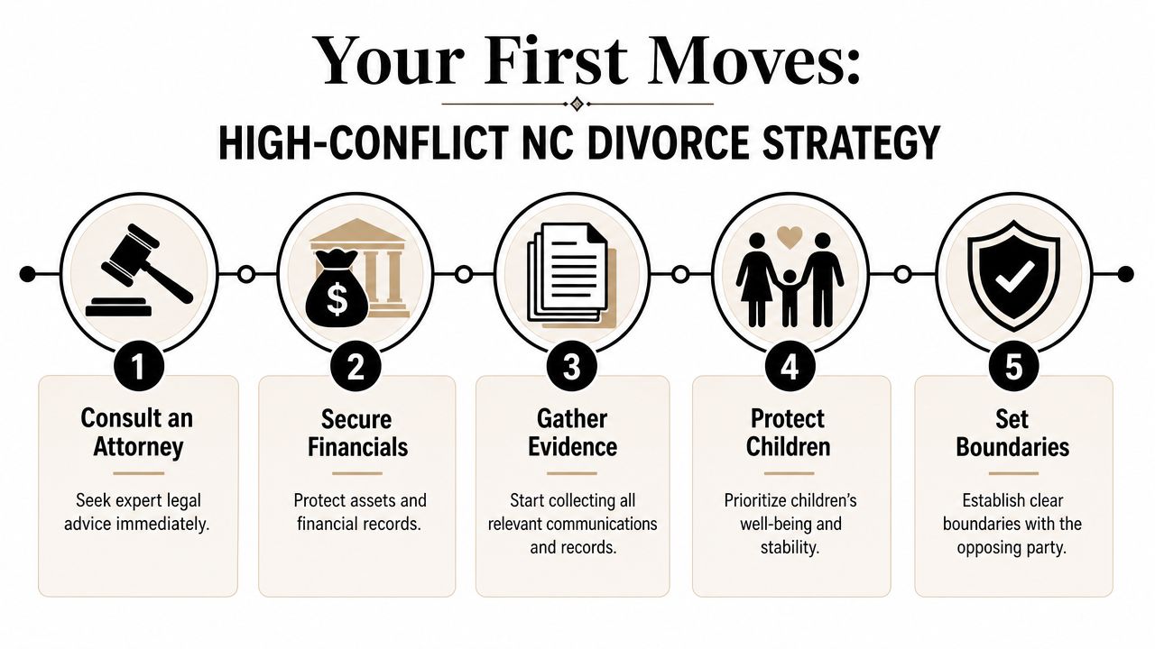 An infographic titled Your First Moves outlining five steps for a high-conflict divorce strategy in North Carolina.