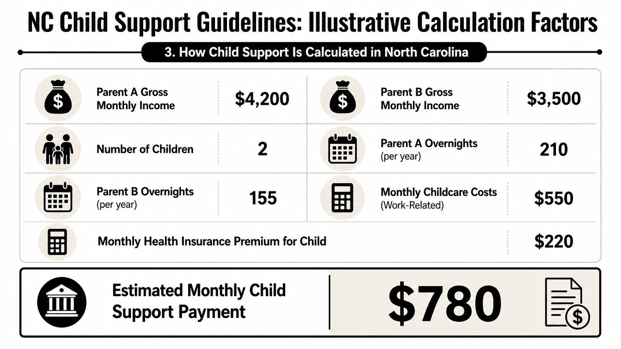 An infographic showing factors for calculating child support payments in North Carolina with sample financial data.
