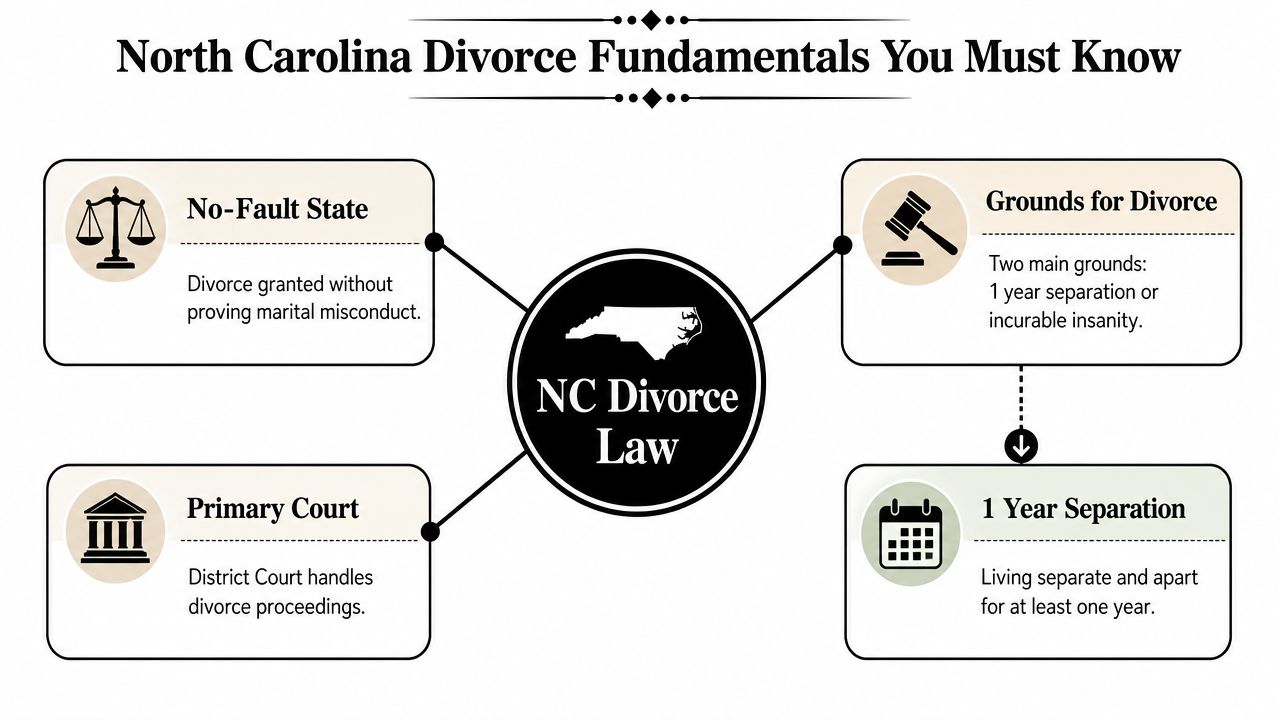An infographic showing North Carolina divorce law fundamentals including no-fault status, grounds for divorce, and separation requirements.