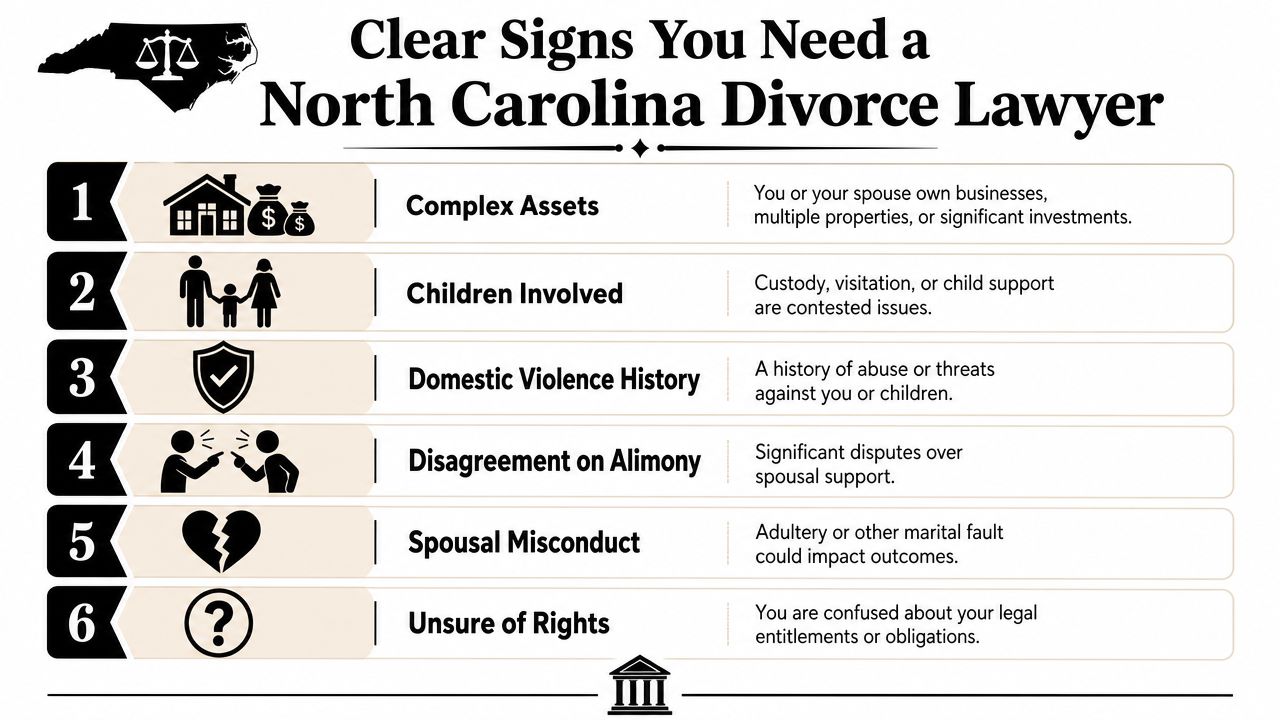 A list of six signs indicating a need for a divorce lawyer in North Carolina.