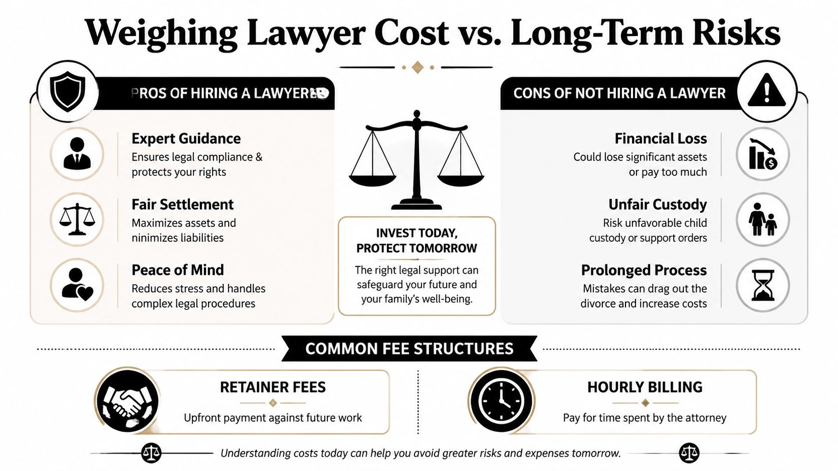 An infographic comparing the benefits of hiring a lawyer against the risks of representing yourself in legal matters.