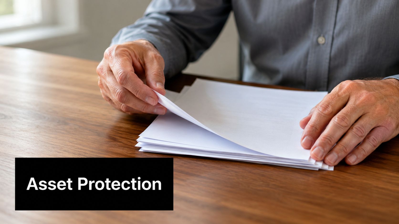 A professional man in a grey shirt reviews a stack of legal documents at a wooden desk.