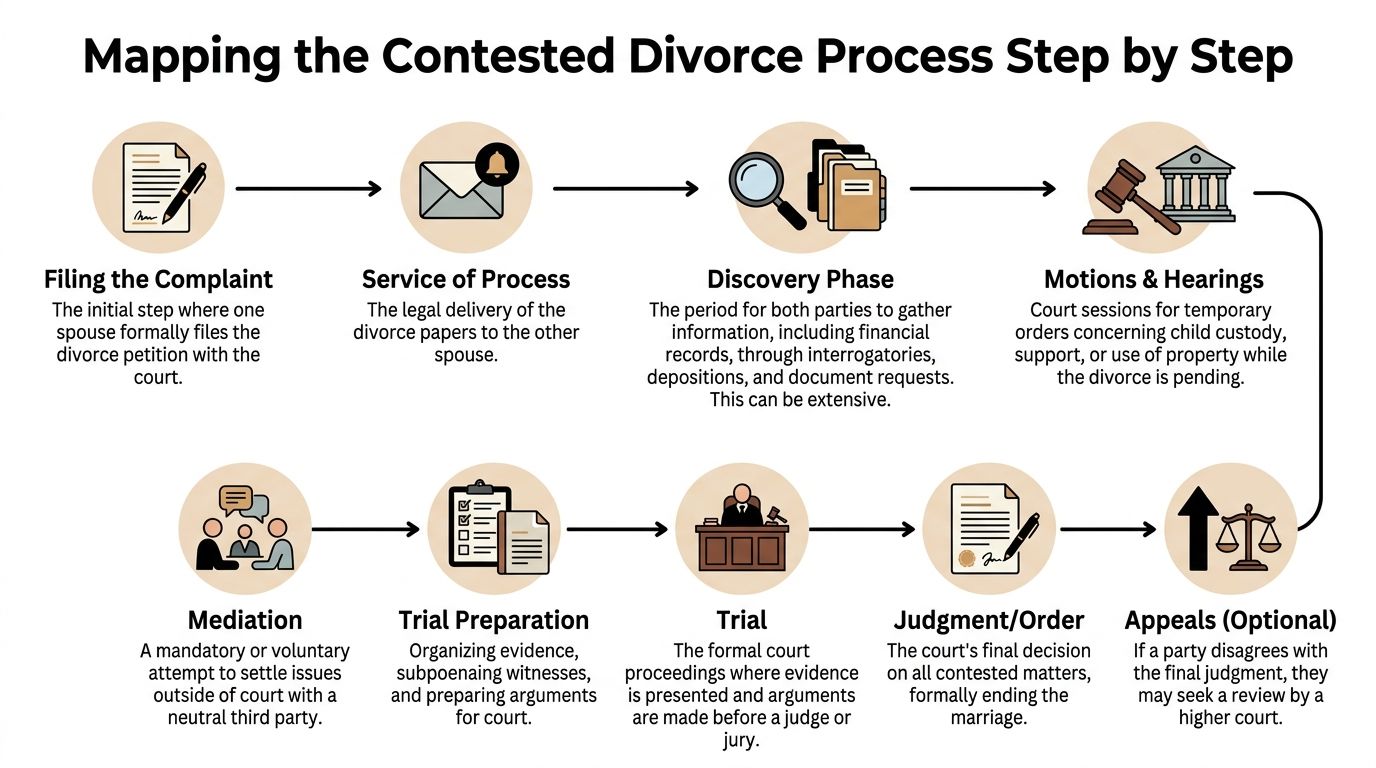 An infographic illustrating the sequential steps of the contested divorce legal process from filing to final judgment.