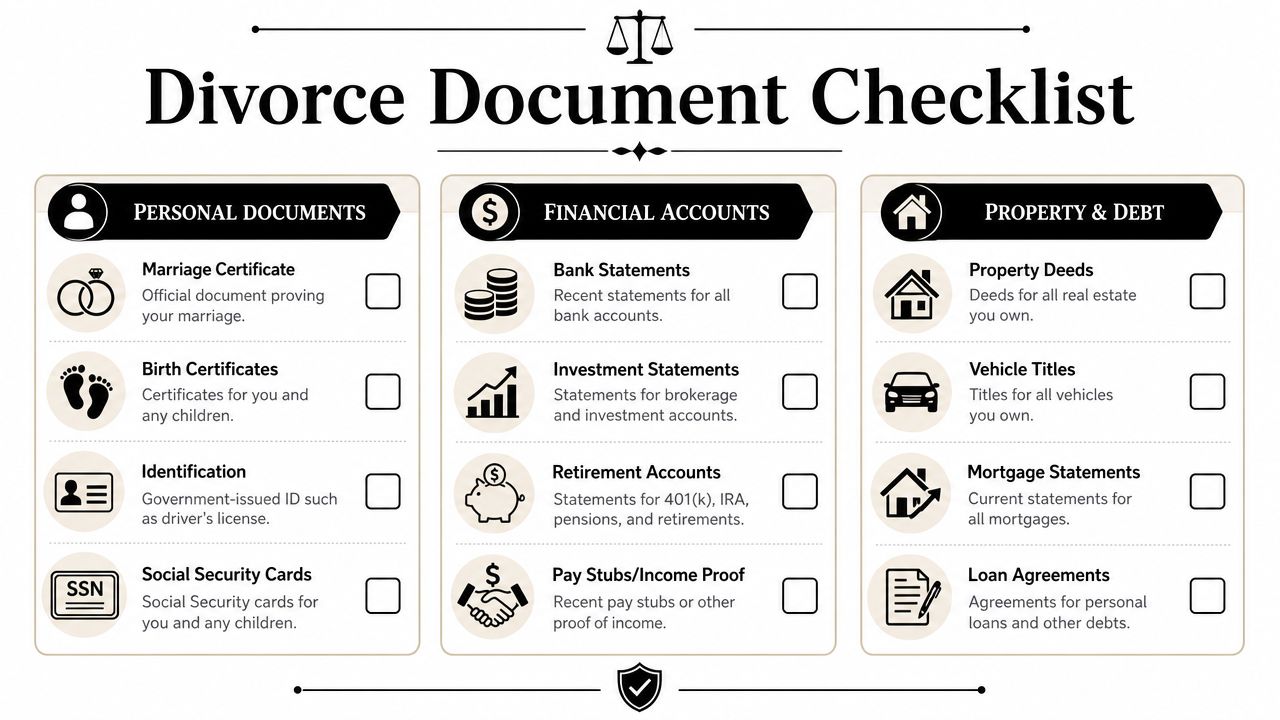 A checklist for organizing important legal and financial documents needed when preparing for a divorce proceeding.
