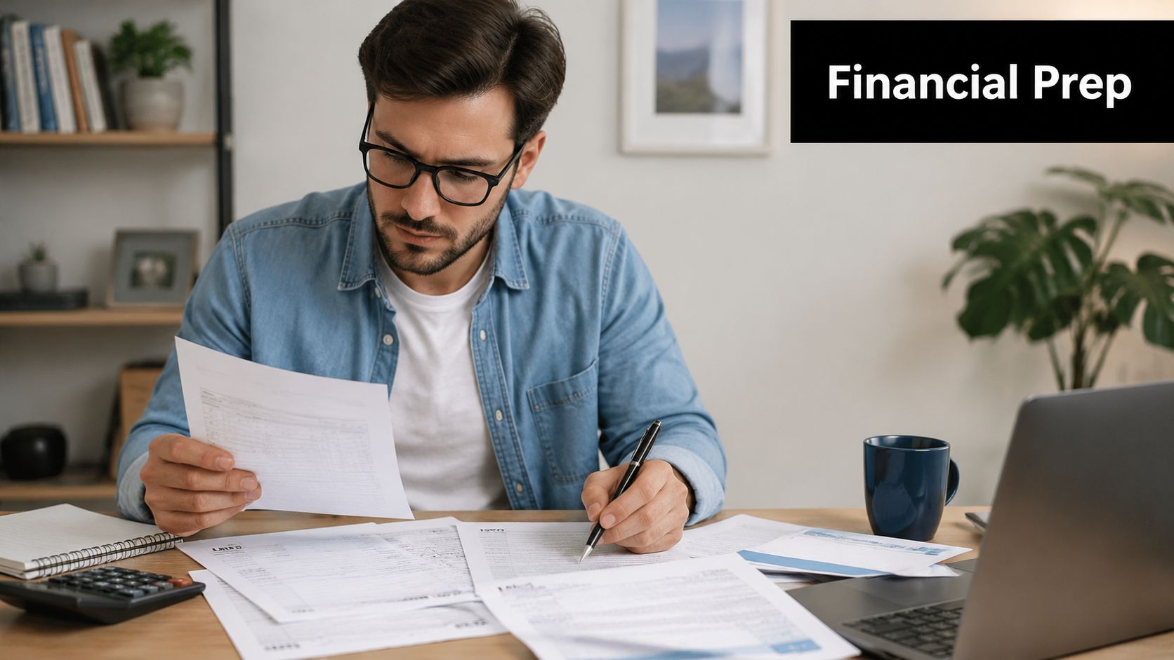 A man wearing glasses sitting at a desk reviewing financial documents and paperwork for financial preparation.