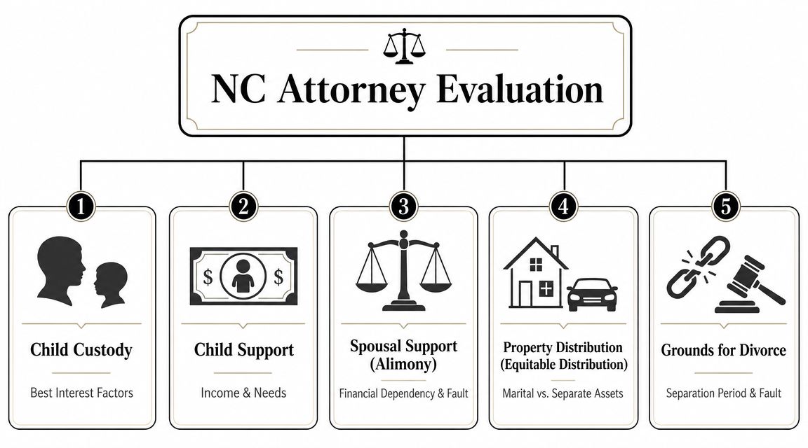 A diagram illustrating five key legal areas to consider during an North Carolina attorney consultation for divorce.