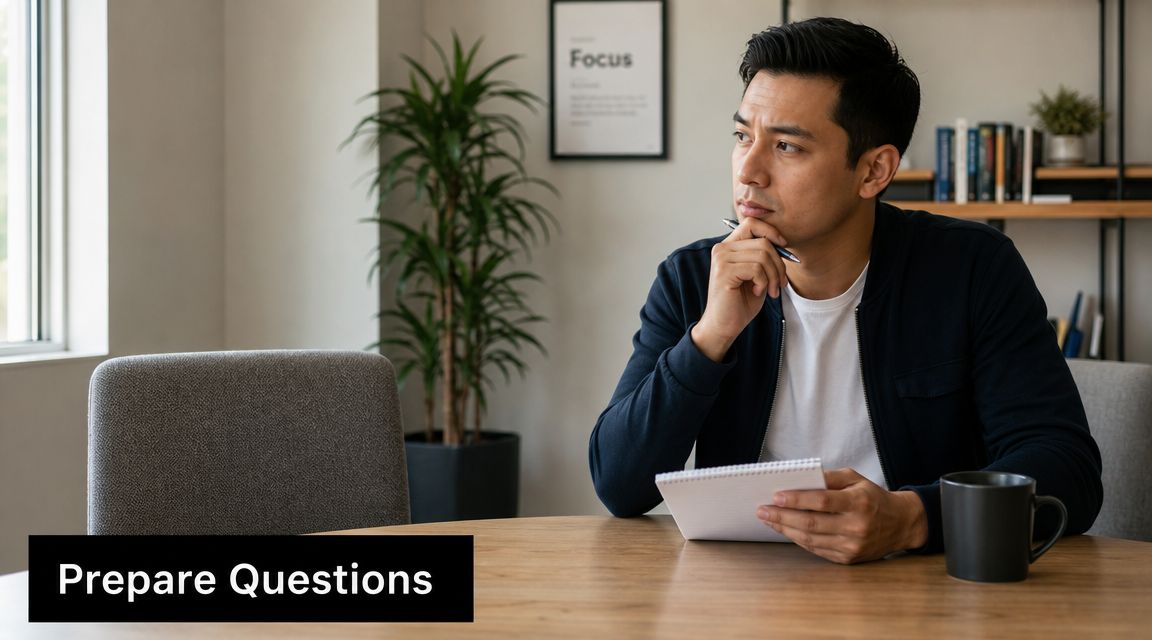 A thoughtful man sitting at a wooden desk with a notebook while preparing for a consultation.
