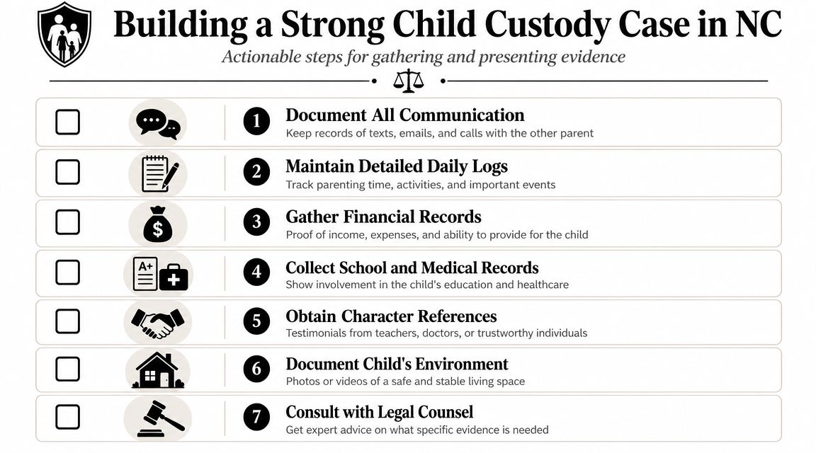An infographic detailing seven actionable steps to build a strong child custody case in North Carolina.