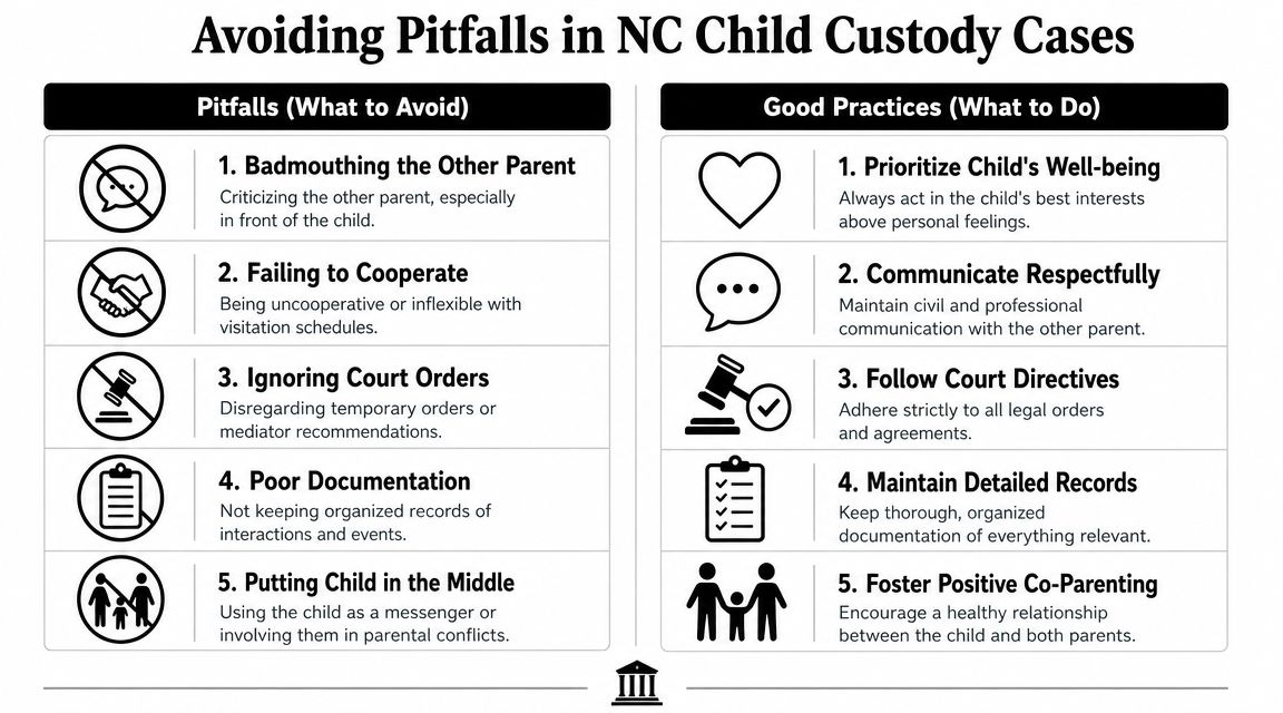 A helpful infographic outlining common pitfalls to avoid and best practices for navigating North Carolina child custody cases.
