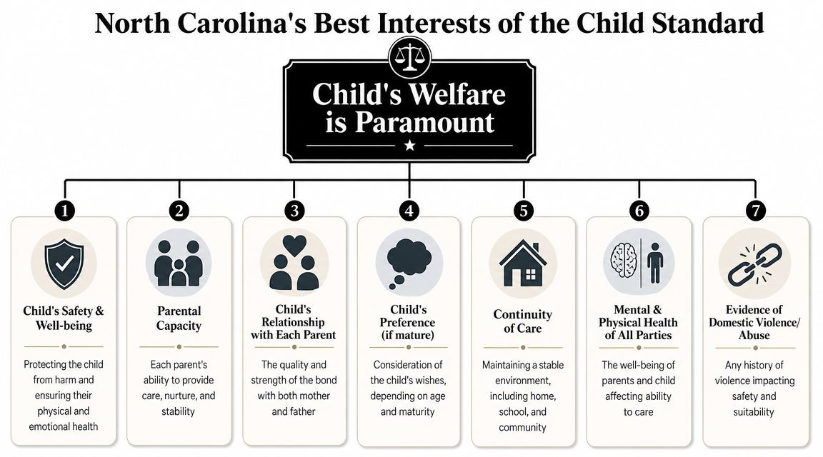 An infographic titled North Carolina's Best Interests of the Child Standard, outlining seven key factors in custody decisions.