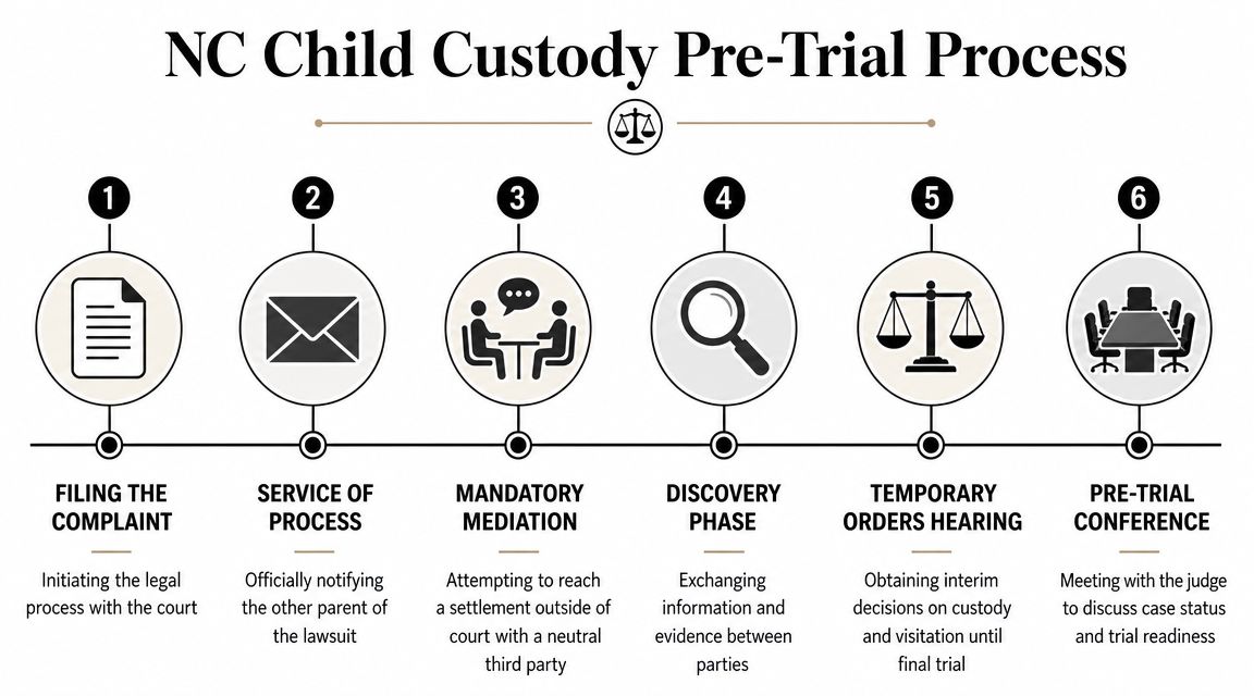 A six-step infographic outlining the North Carolina child custody pre-trial legal process from filing to conference.