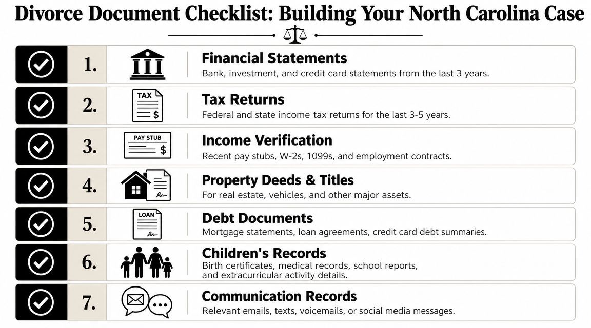 A checklist for North Carolina divorce documents including financial statements, tax returns, property deeds, and children's records.