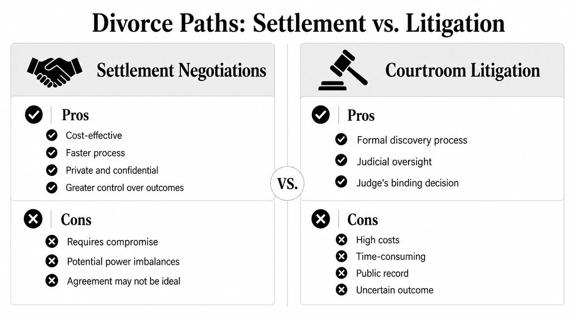 A comparison chart outlining the pros and cons of settlement negotiations versus courtroom litigation for divorce proceedings.