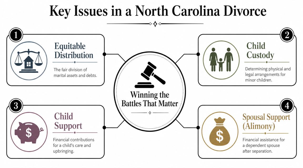 A diagram outlining four key issues in a North Carolina divorce: equitable distribution, child custody, child support, and alimony.