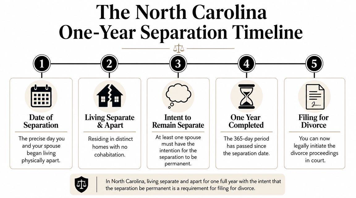 A five-step infographic explaining the legal requirements for a one-year separation timeline for divorce in North Carolina.