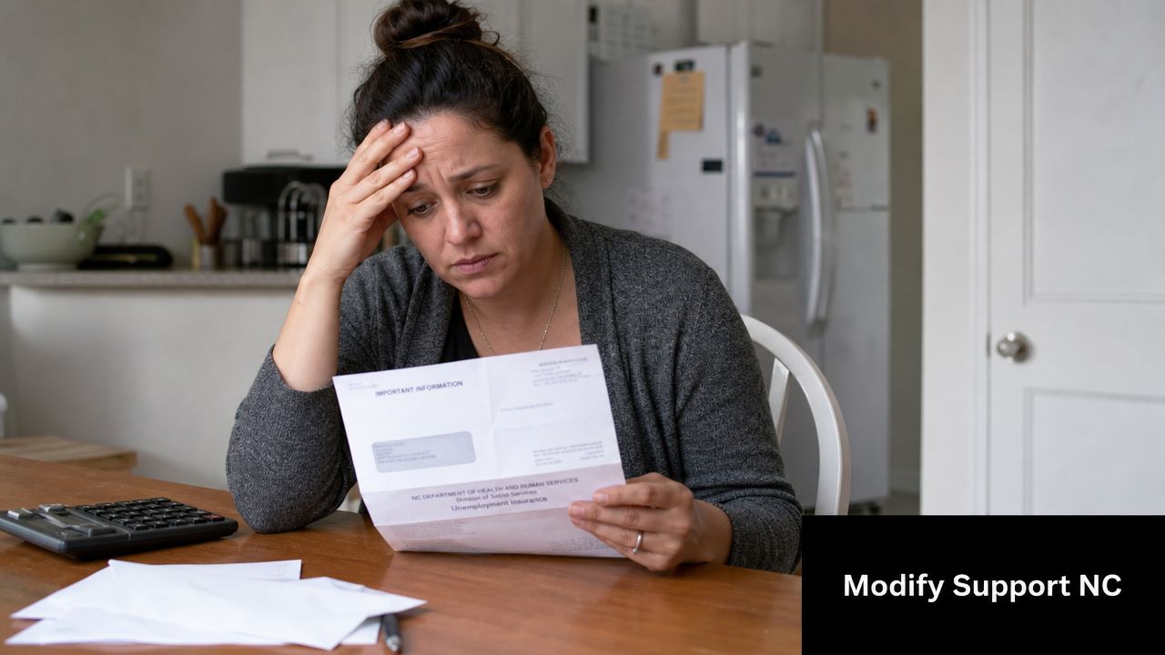 A distressed woman sitting at a table while reviewing official unemployment insurance documents from the government.