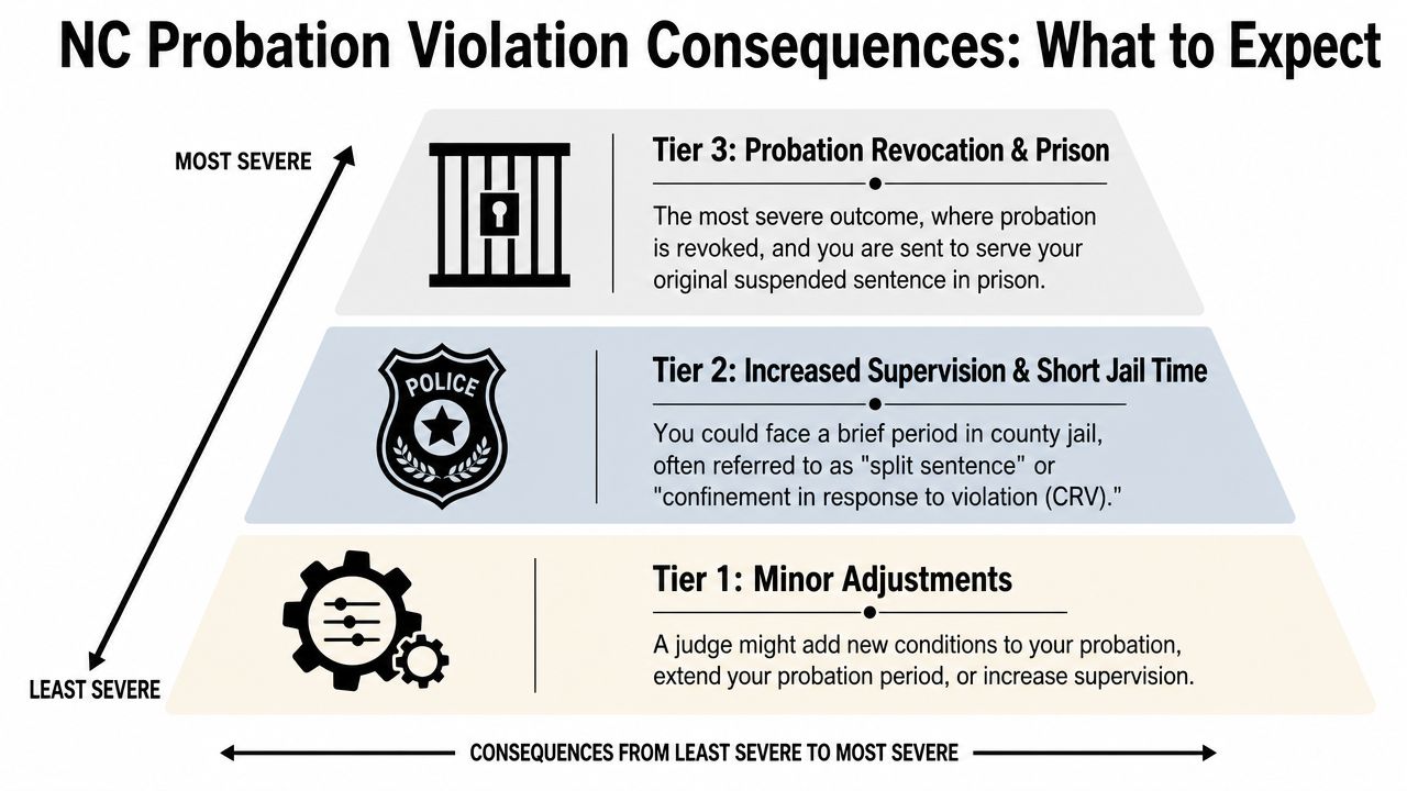 An infographic showing three tiers of North Carolina probation violation consequences, ranging from minor adjustments to prison.