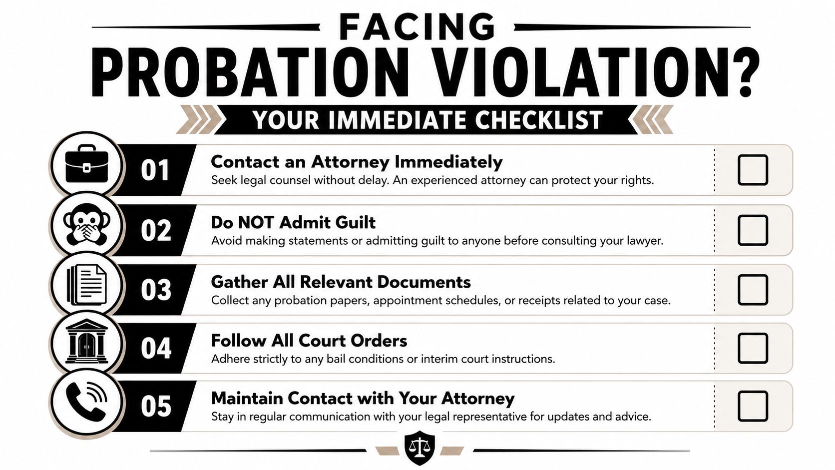 A checklist infographic providing five essential steps to follow when facing a potential probation violation charge.
