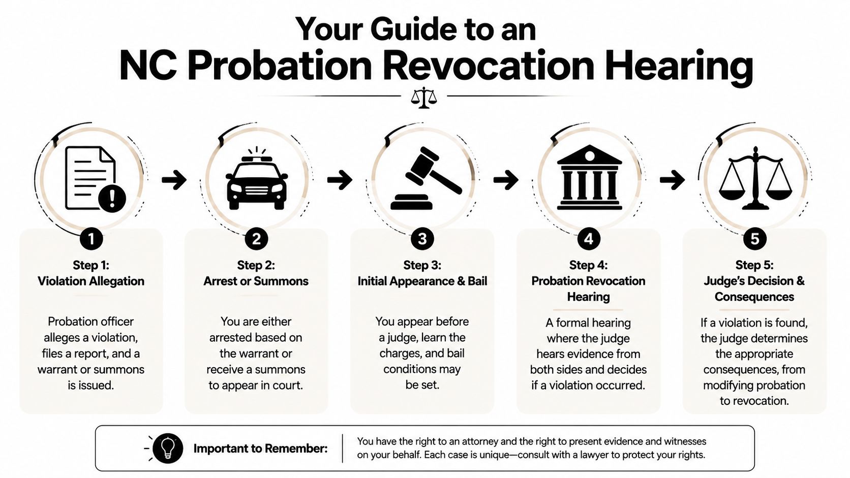 An infographic showing the five-step process of an NC probation revocation hearing from violation to final decision.