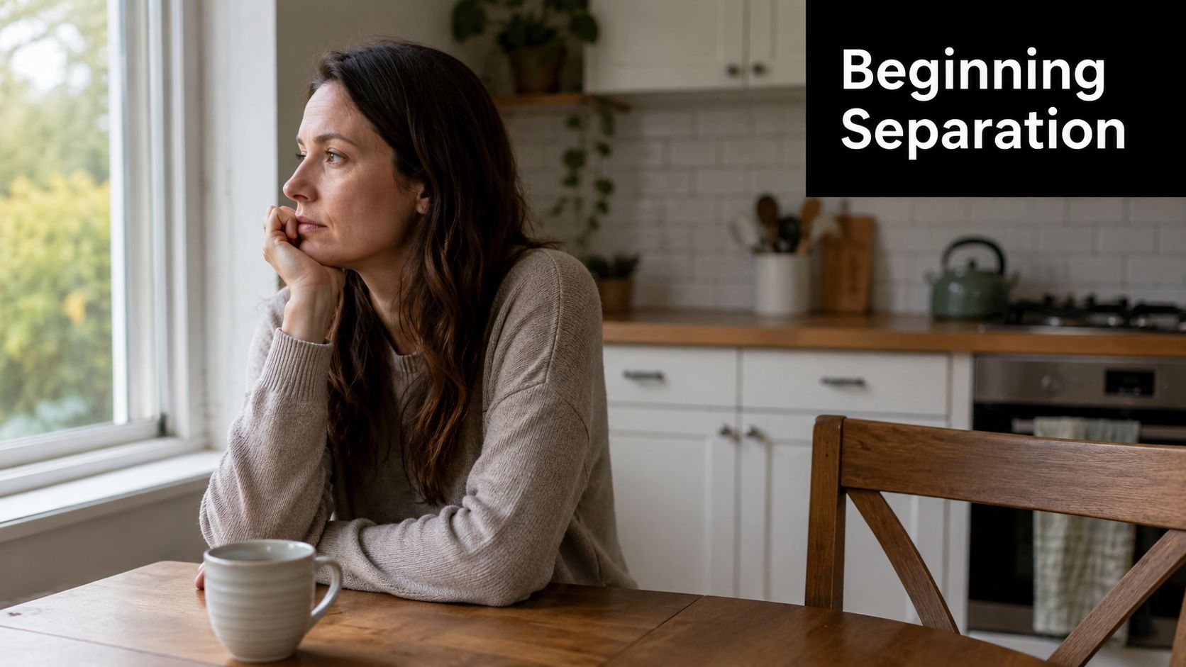 A pensive woman sits at a wooden table with a coffee cup, looking out a bright window.