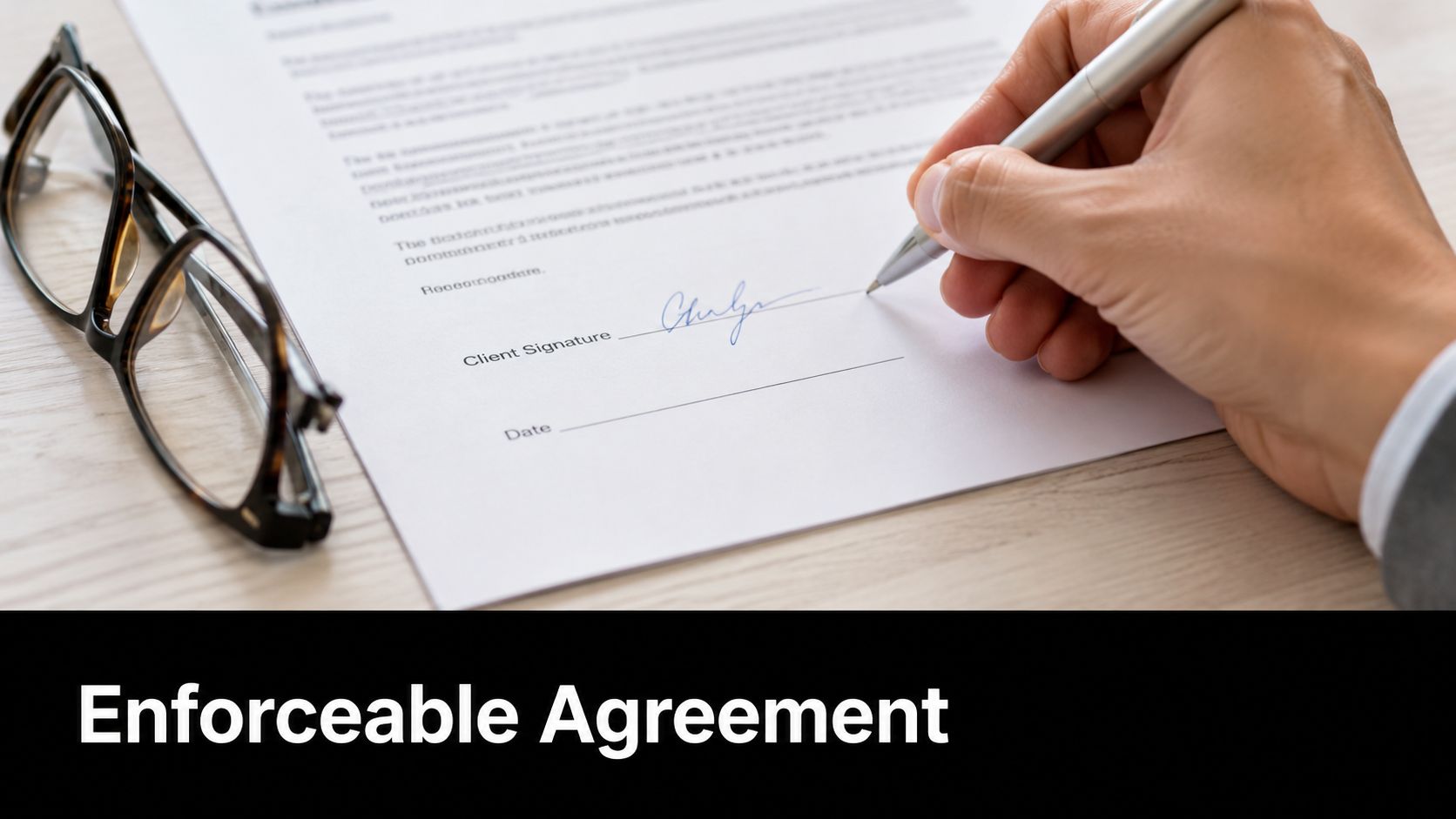 A close-up of a person signing a legal document on a wooden desk with glasses nearby.