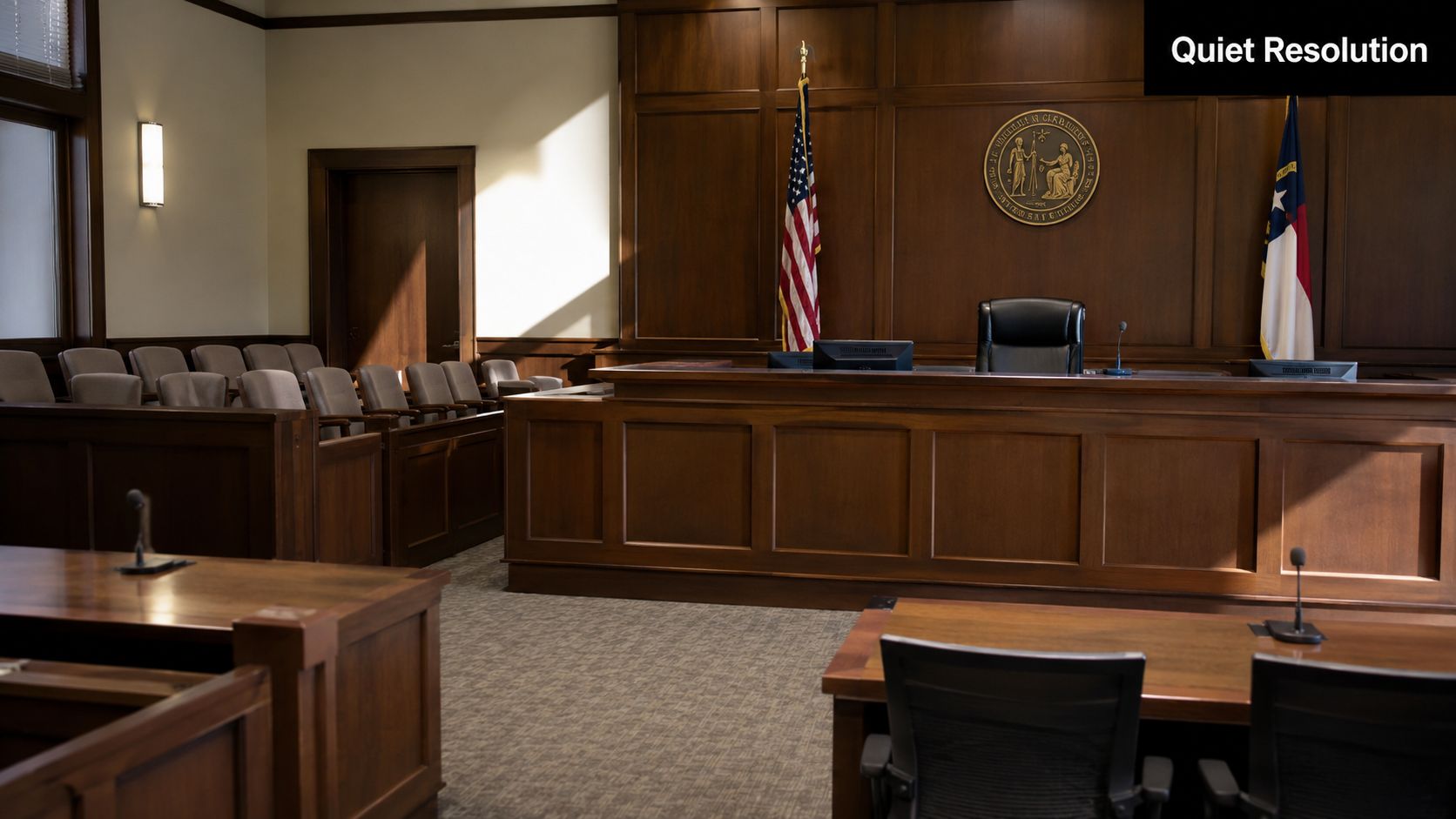 An empty, traditional courtroom in North Carolina featuring a judge's bench, jury seating, and an American flag.