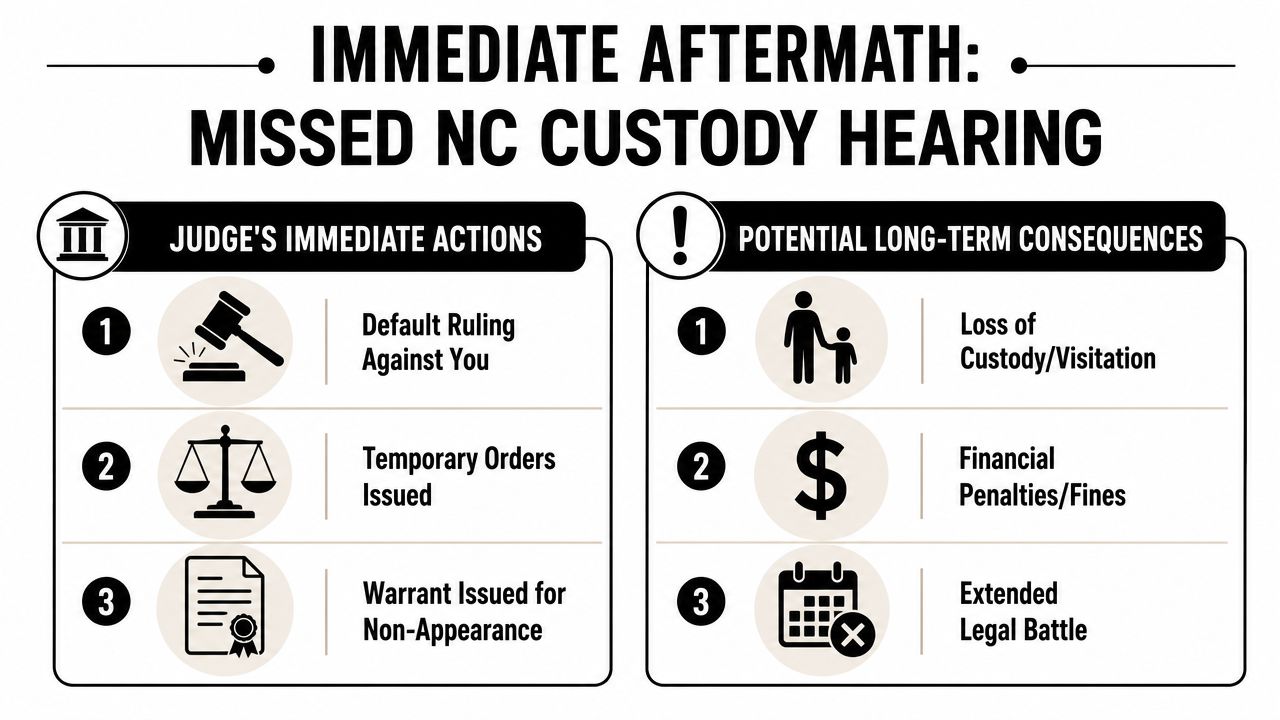 An infographic showing the immediate and long-term consequences of missing a North Carolina child custody hearing.
