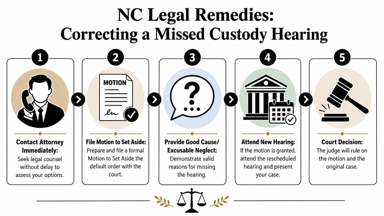 A five-step guide on how to handle a missed custody hearing in North Carolina legal proceedings.