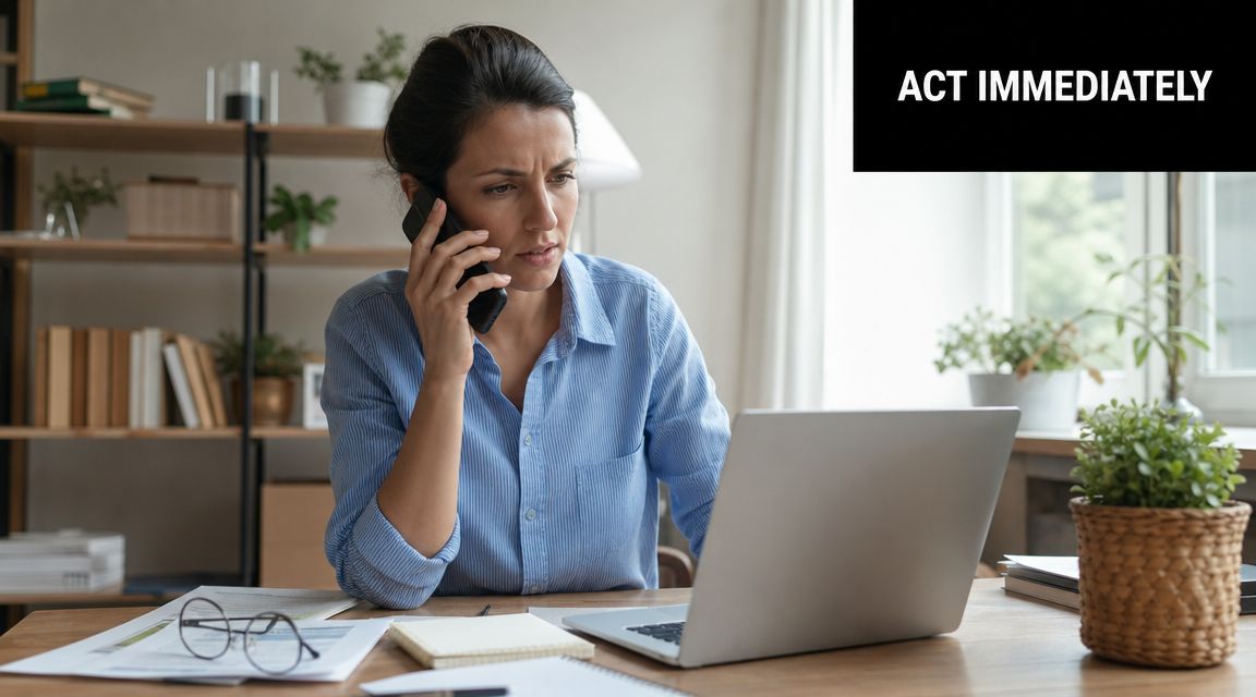 A concerned woman sitting at her home desk while talking on the phone and checking her laptop.