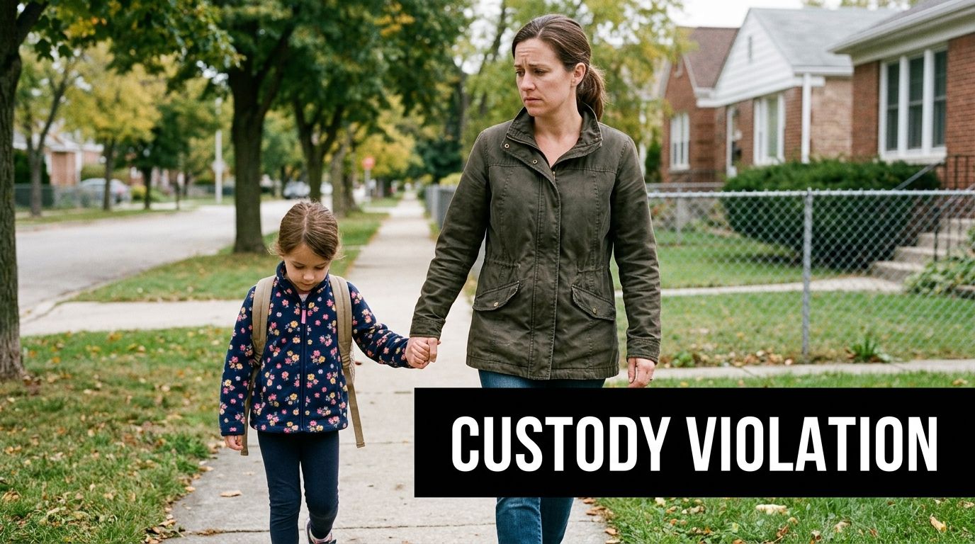 A concerned mother holding hands with her young daughter while walking down a suburban neighborhood sidewalk.