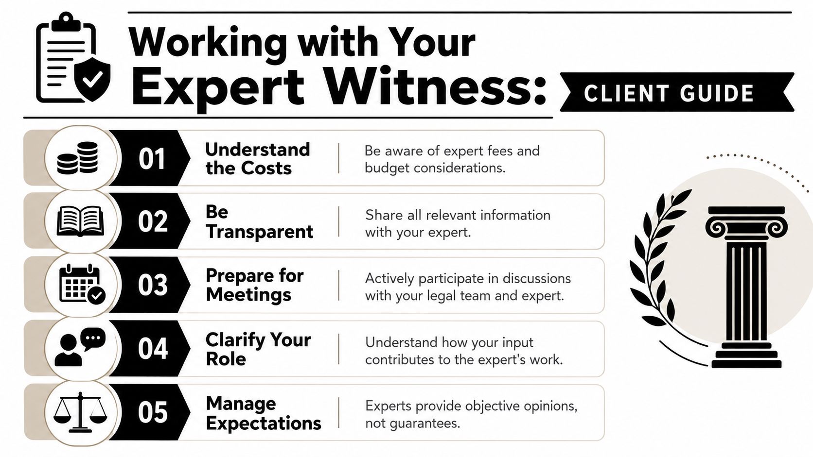 A guide for clients on how to effectively work with an expert witness in legal cases.