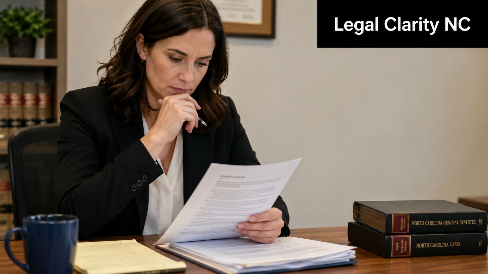 A professional female attorney in a suit reviewing legal documents at her desk in an office.