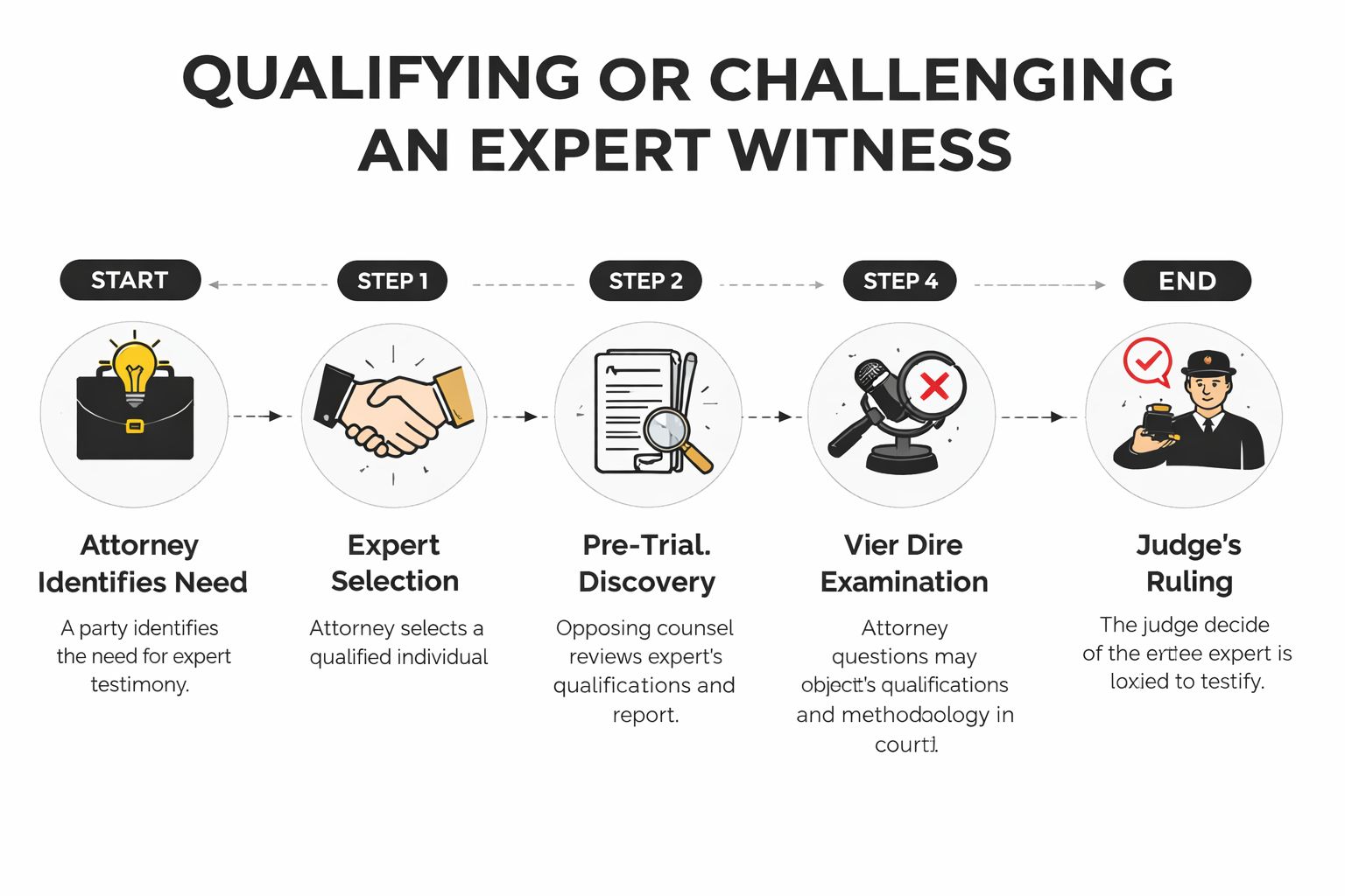 A flowchart diagram illustrating the five steps of qualifying or challenging an expert witness in court.
