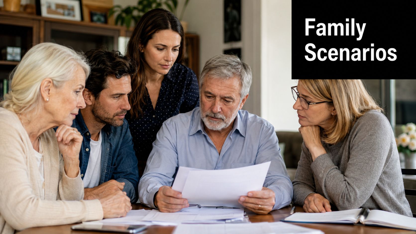 A multi-generational family sitting around a table reviewing important legal documents and financial papers together.