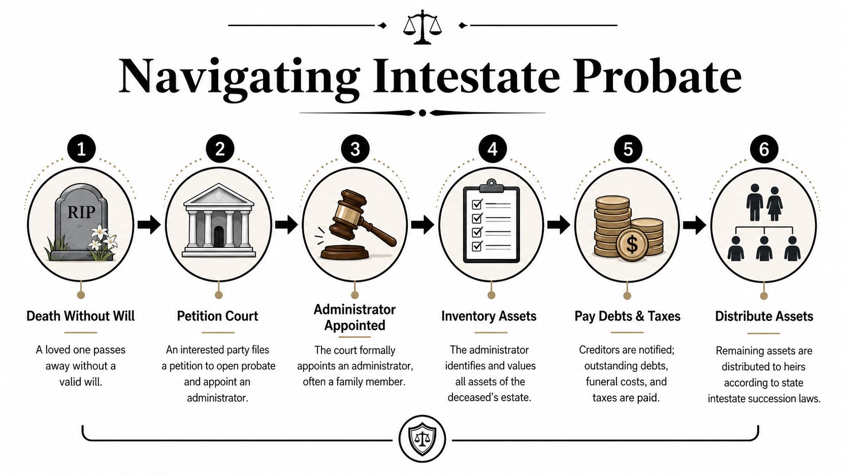 A six-step infographic illustrating the intestate probate process when someone passes away without a valid will.