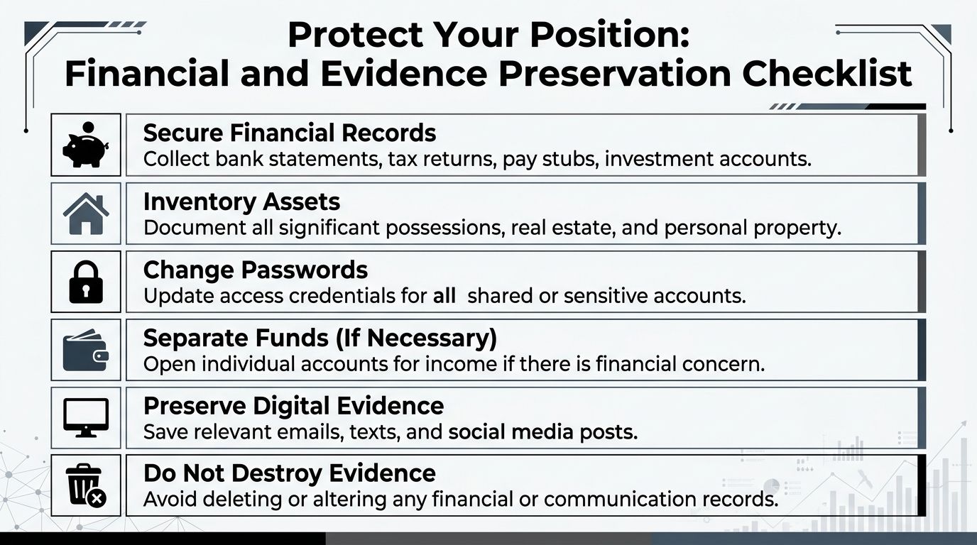 A checklist titled Protect Your Position detailing financial and evidence preservation steps during divorce proceedings.