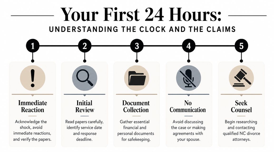 A step-by-step infographic titled Your First 24 Hours listing five essential actions after receiving divorce papers.