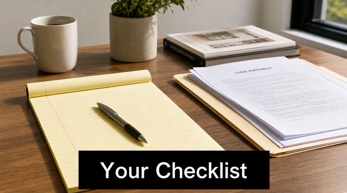 A wooden desk with a blank notepad, a pen, a lease agreement, and a potted plant.