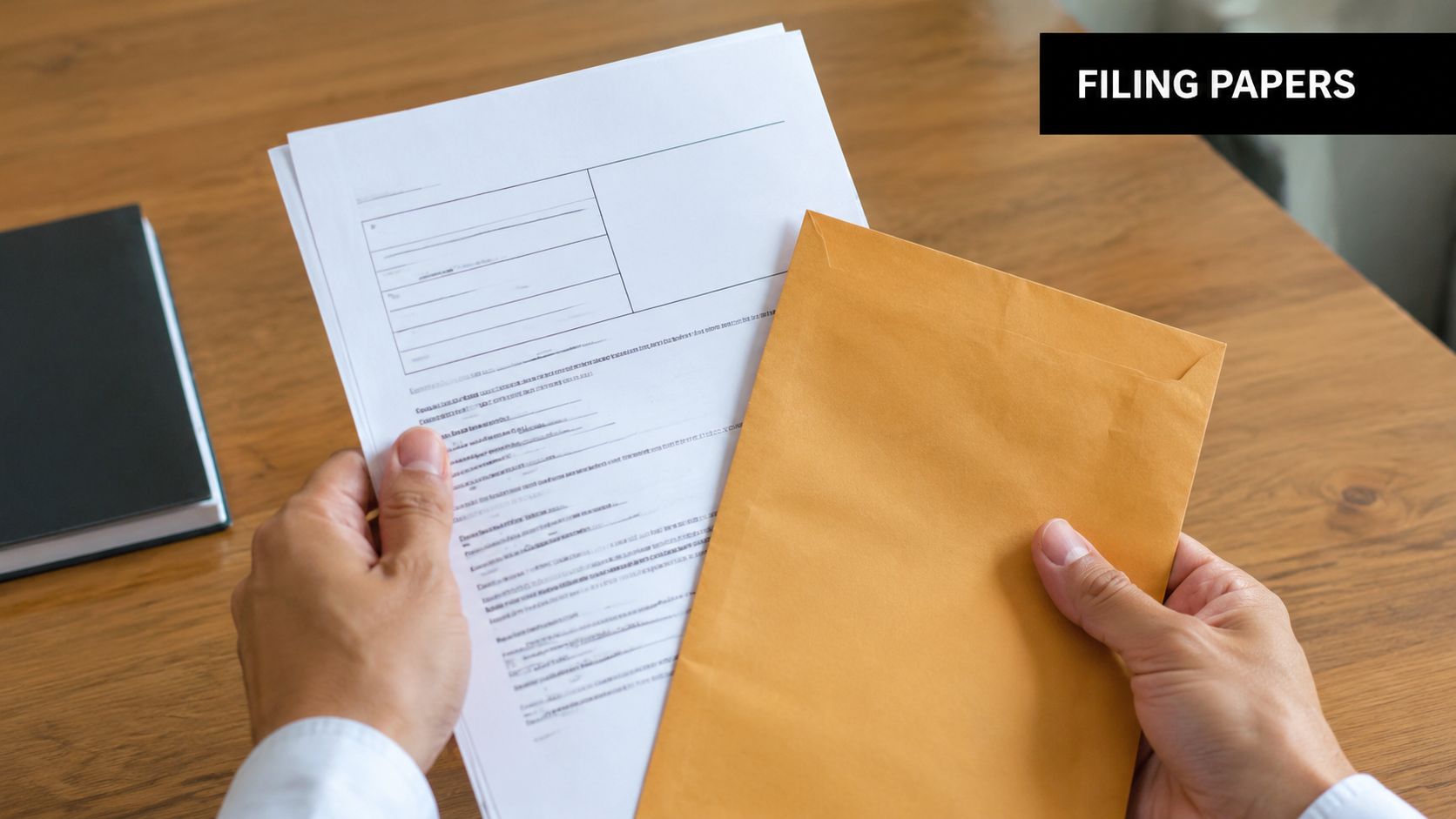 A person holding a legal document and a manila envelope over a wooden office desk.