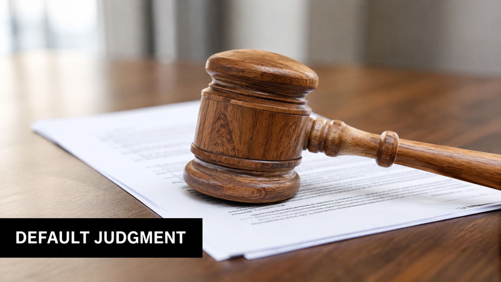 A wooden judge's gavel resting on legal documents on a desk with the text DEFAULT JUDGMENT overlaid.